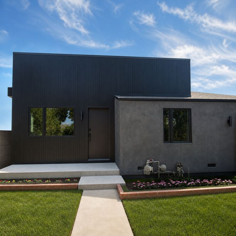 Front exterior of Ashwood with black vertical siding, gray stucco and a concrete walkway across the lawn