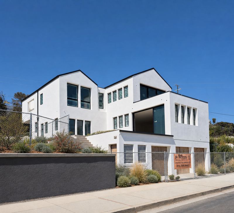 Street view of Block, a white stucco hillside home with black window frames and a recessed second-floor terrace